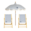 Wooden Beach chairs with polka dot fabric and matching umbrella comb, branded 'Splash & Ray'.