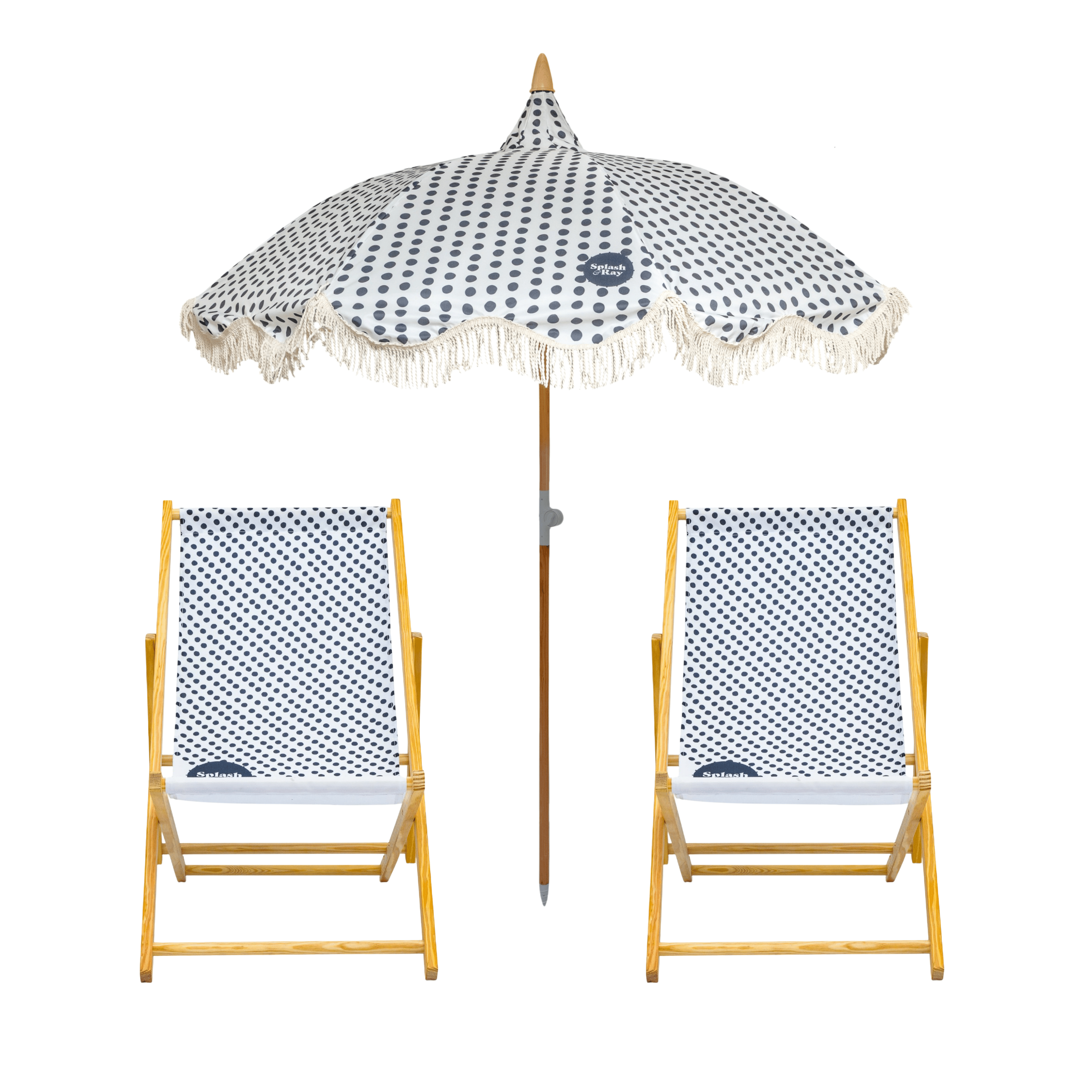 Wooden Beach chairs with polka dot fabric and matching umbrella comb, branded 'Splash & Ray'.