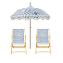 Polka dot umbrella and chairs with 'Splash & Ray' branding on a white background