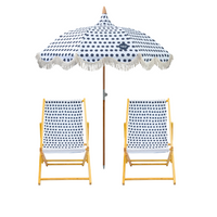 Polka dot umbrella and chairs with 'Splash & Ray' branding on a white background