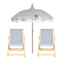 Two deck chairs with polka dot fabric and a matching umbrella, branded 'Splash & Ray'.