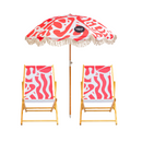 Two wooden deck chairs and a beach umbrella with red and white pattern on a white background, featuring the brand 'Splash & Ray'.