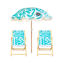 Beach umbrella and two wooden chairs with blue and white pattern on a white background, featuring the brand 'Splash & Ray'.