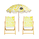 Beach umbrella and two wooden deck chairs with yellow and white pattern, featuring 'Splash & Ray' brand.