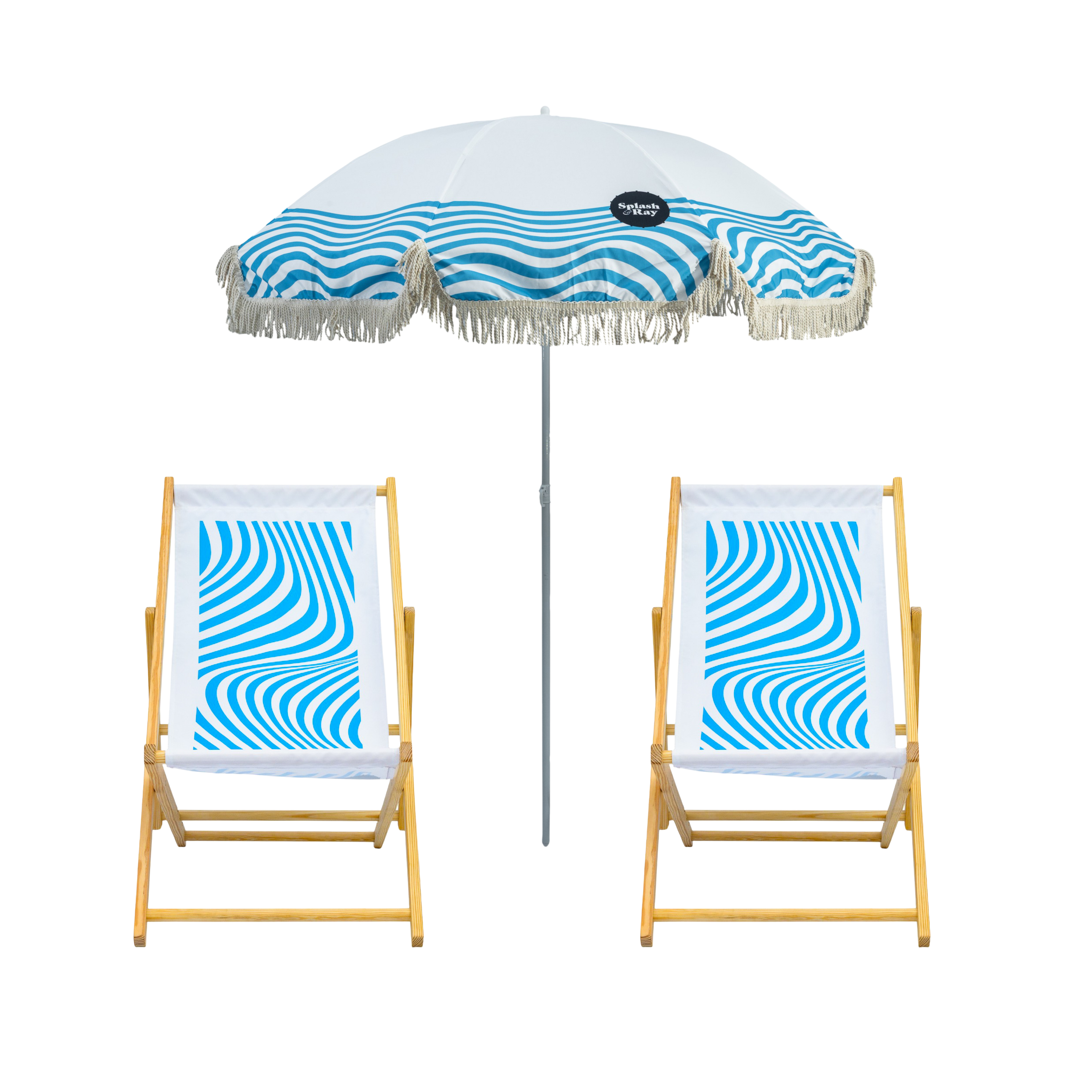 Two wooden deck chairs with blue and white geometric patterns and a matching umbrella with tassels.