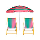 Two green and pink striped wooden deck chairs with a matching umbrella bundle on a white background, branded 'Splash & Ray'.