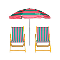 Two green and pink striped wooden deck chairs with a matching umbrella bundle on a white background, branded 'Splash & Ray'.