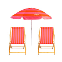 Two red and pink striped beach chairs with an umbrella combo deal on a white background, featuring the brand 'Splash & Ray'.