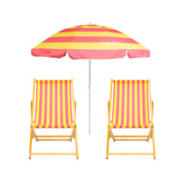 Pink and yellow striped beach umbrella and wooden deck chairs bundle with 'Splash & Ray' branding on a white background.